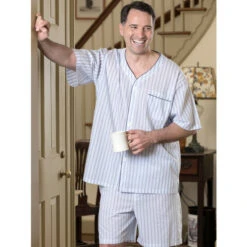 Flash Sale 👍 Vermont Country Store Men's Ultra-Light Cotton Voile Short Pajamas Blue Stripe 👏